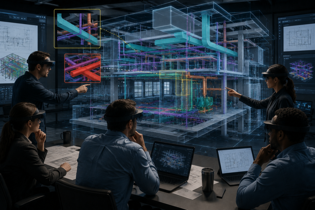 Construction and design team using immersive spatial computing to review a complex MEP building information model for coordination and constructability.