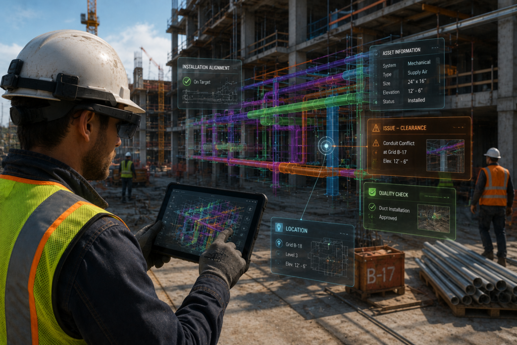 Field engineer using a tablet on a construction site with spatial overlays showing BIM alignment, issue markers, safety zones, asset context, and digital twin information.