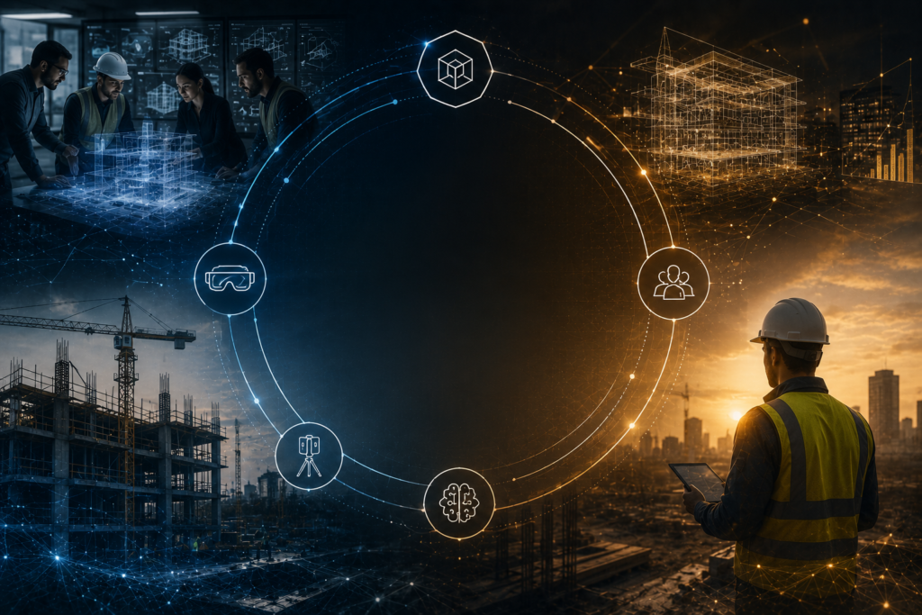 Immersioneer-style construction technology graphic showing design coordination, reality capture, digital twins, XR, AI, and field workflows connected around a construction project.