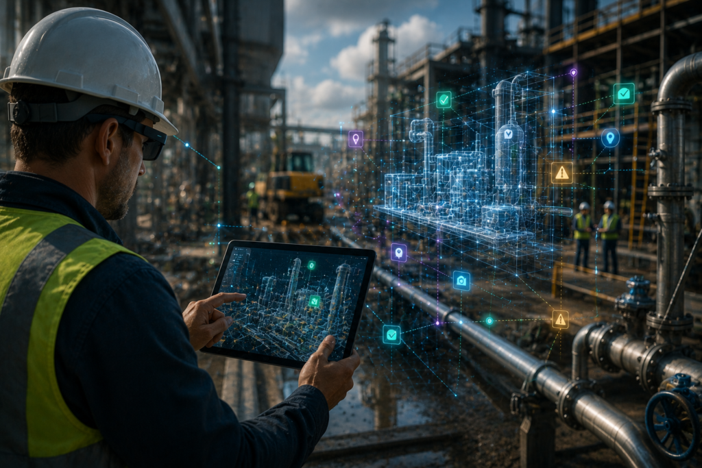 Field worker using Spatial Computing to align digital twin data, inspection markers, AI guidance, and asset context with a real-world industrial environment.