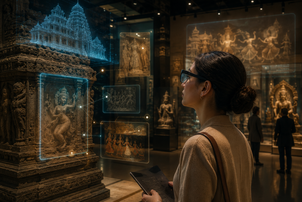 Museum visitor using lightweight spatial computing glasses to view subtle augmented reality overlays around a cultural heritage artifact.