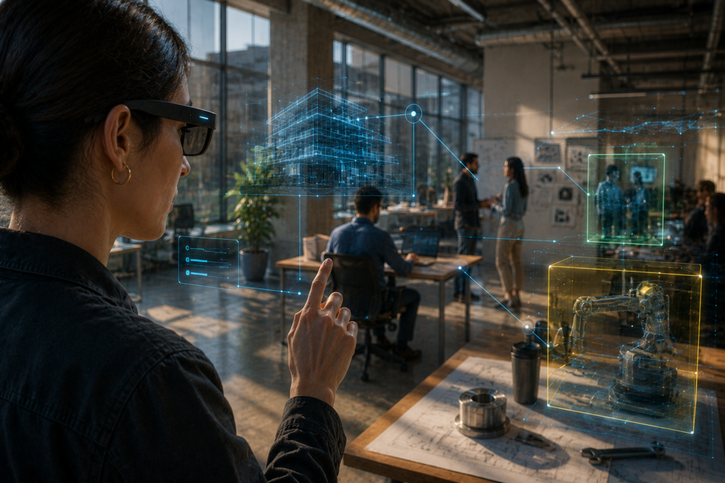 Person wearing lightweight spatial computing glasses in a modern workspace with AI perception overlays connecting a digital twin, nearby people, tools, and robotics context.
