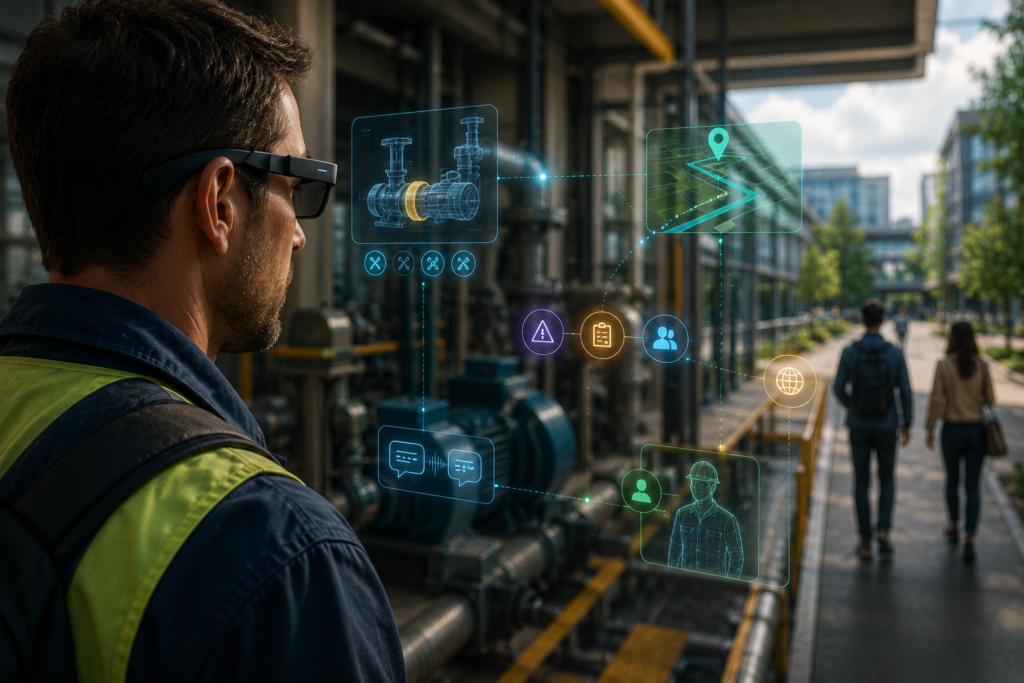 Person wearing smart glasses with subtle AI-powered Spatial Computing cues for navigation, object recognition, task guidance, and contextual assistance in a real-world industrial environment.
