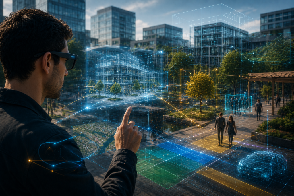 Person wearing smart glasses in an urban campus environment with AI-powered Spatial Computing overlays identifying buildings, people, assets, and spatial context.