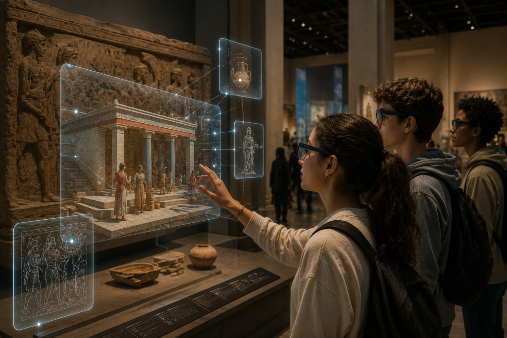 Museum visitors using smart glasses to view augmented reality storytelling layers around a cultural heritage exhibit.