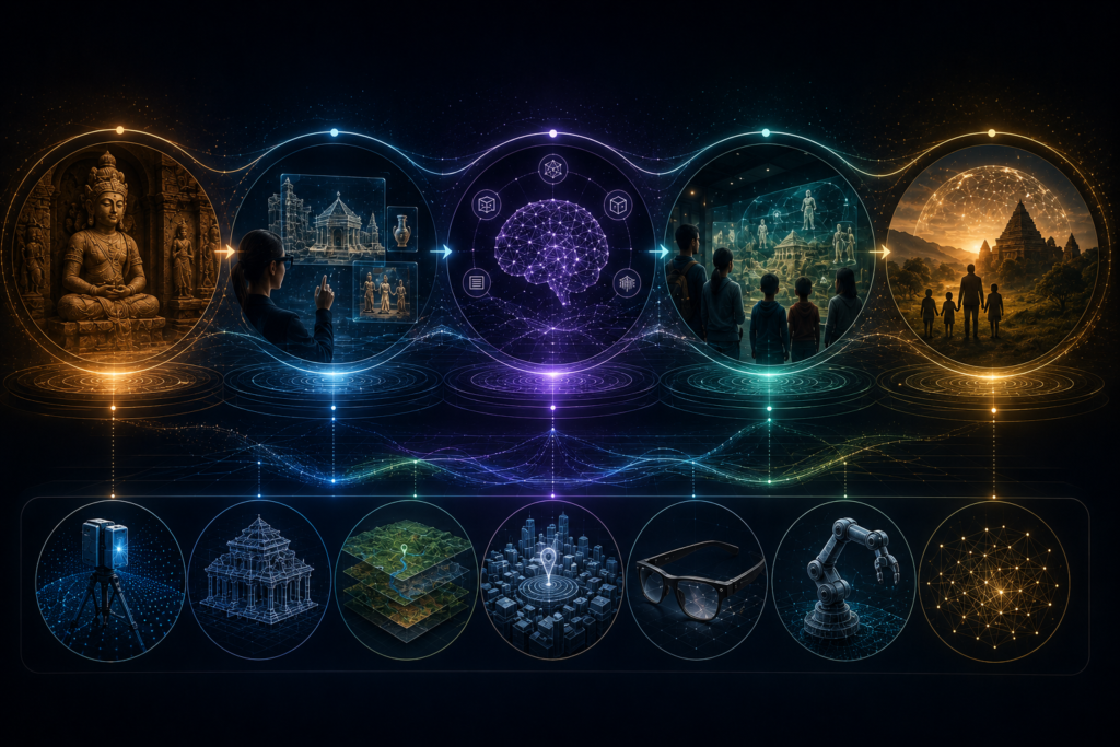 Editorial diagram showing cultural heritage, immersive storytelling, AI narratives, learning experiences, and preservation connected through Spatial Computing foundation layers.