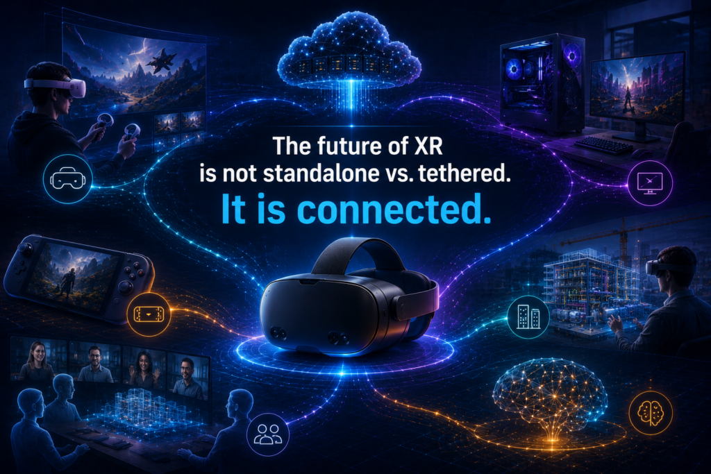Immersioneer-style graphic showing a connected hybrid XR ecosystem with a VR headset linked to cloud compute, PC VR, handheld gaming, enterprise digital twins, remote collaboration, and AI optimization.