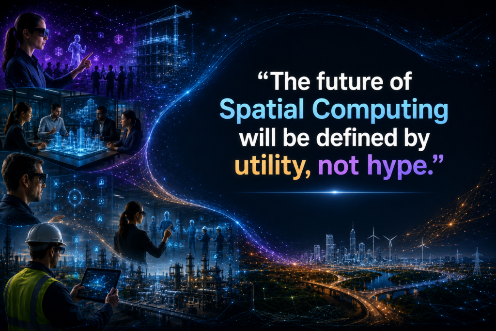 Immersioneer quote card stating that the future of Spatial Computing will be defined by utility, not hype, with enterprise workflows, digital twins, smart glasses, field operations, and infrastructure visuals.