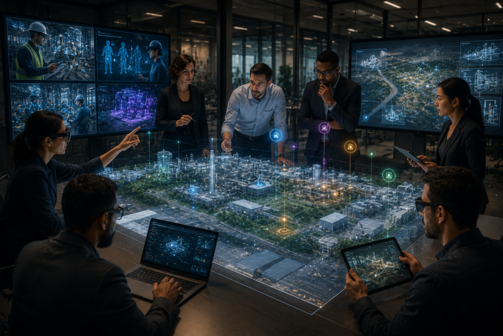 Enterprise team using Spatial Computing for digital twin review, training, collaboration, and workflow decision-making.