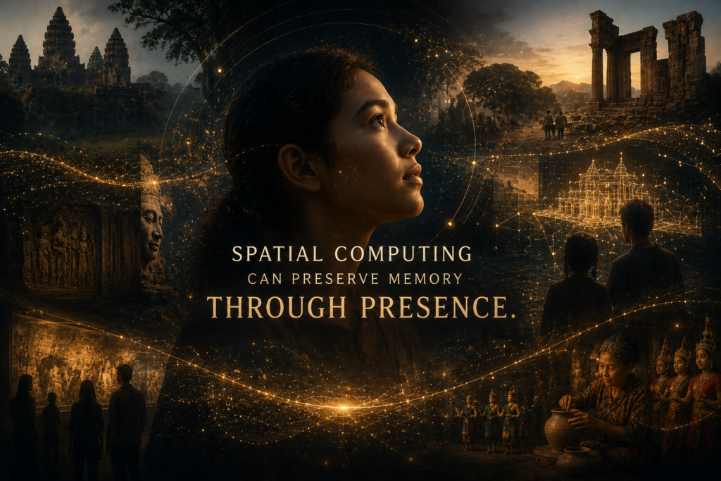 Cinematic Immersioneer-style graphic showing cultural heritage scenes, historic sites, and spatial computing layers around the phrase Spatial Computing can preserve memory through presence.