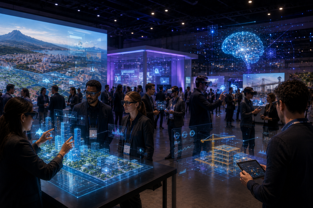 Spatial Computing conference scene with attendees exploring AI-powered XR demos, smart glasses, digital twin models, and spatial interface technologies.