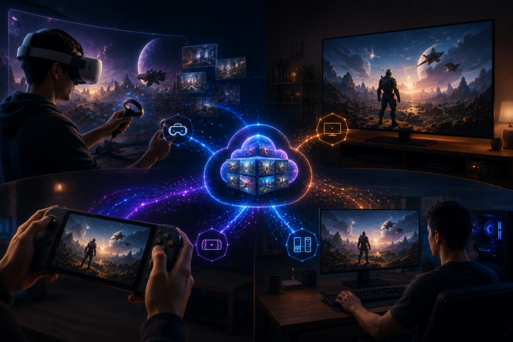 Gaming ecosystem showing shared content continuity across a VR headset, handheld gaming device, desktop PC, and TV display connected through cloud and spatial computing layers.