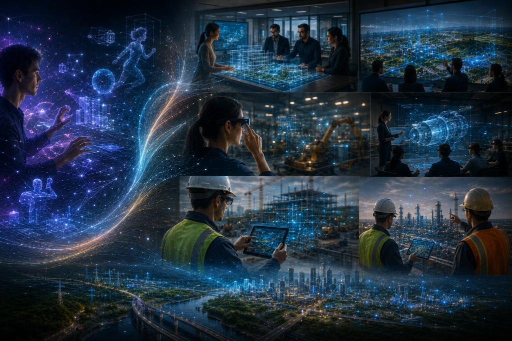 Spatial Computing maturity concept showing enterprise XR, AI, smart glasses, digital twins, training, field operations, and infrastructure workflows moving from experimentation to practical adoption.