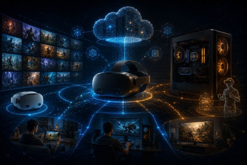 Hybrid XR ecosystem showing a VR headset connected to PC gaming, cloud compute, display screens, and spatial computing layers.
